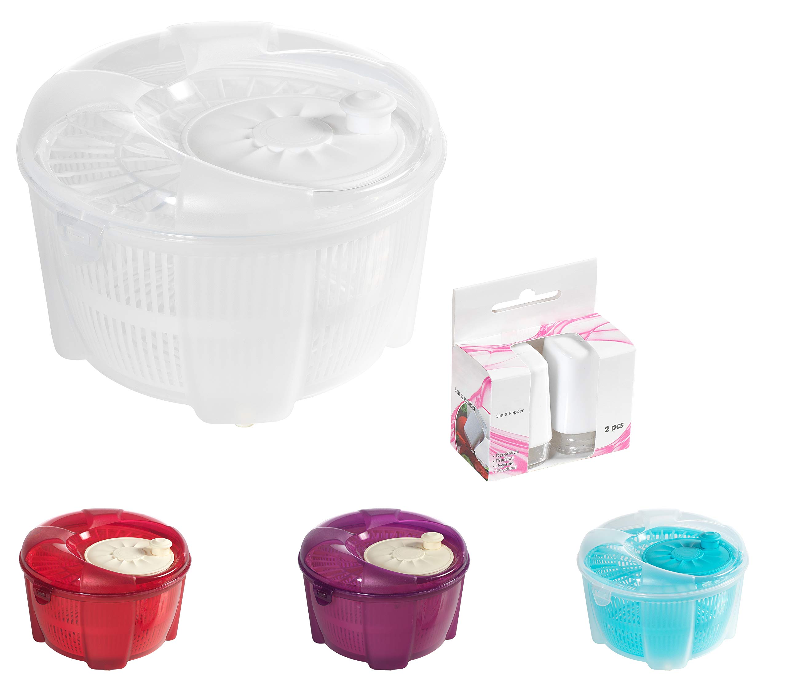 Mabel HomeSalad Spinner, Salad Tosser and Mixer, 5,5 Quart, Vegetable Spinner -EXTRA Salt&Pepper Shaker inc. (White)