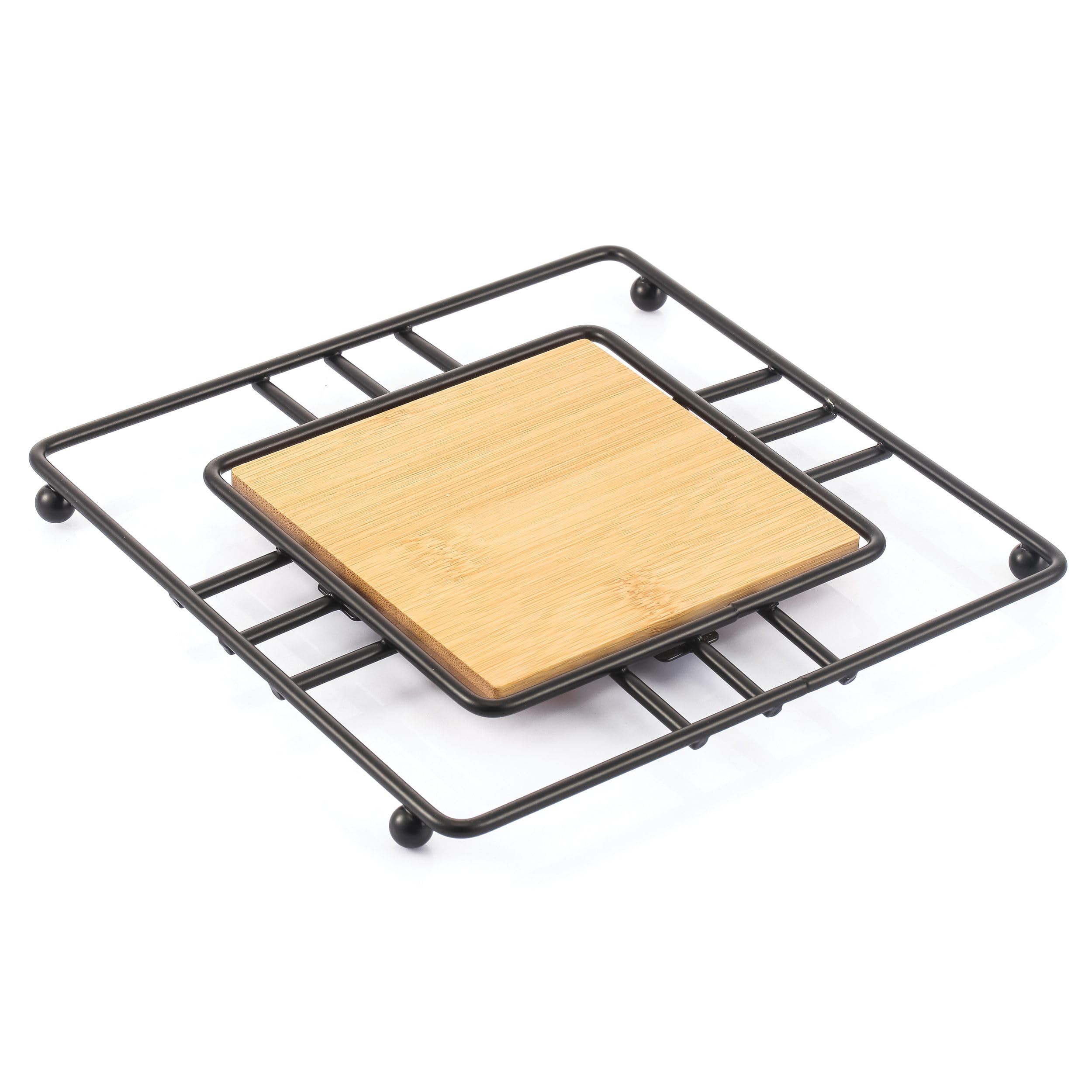 MSV Bamboo Trivet for Pots, Pans, Plates, Wipeable Approx. 18 cm Diameter, Natural, Matte Black, 18 x 18 x 1.3 cm