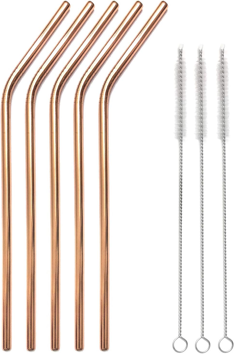 Metal Drinking Straws - 5 Rose Gold Reusable Bent Straws with 3 Cleaning Brushes - Copper Plated Stainless Steel for Moscow Mule and More