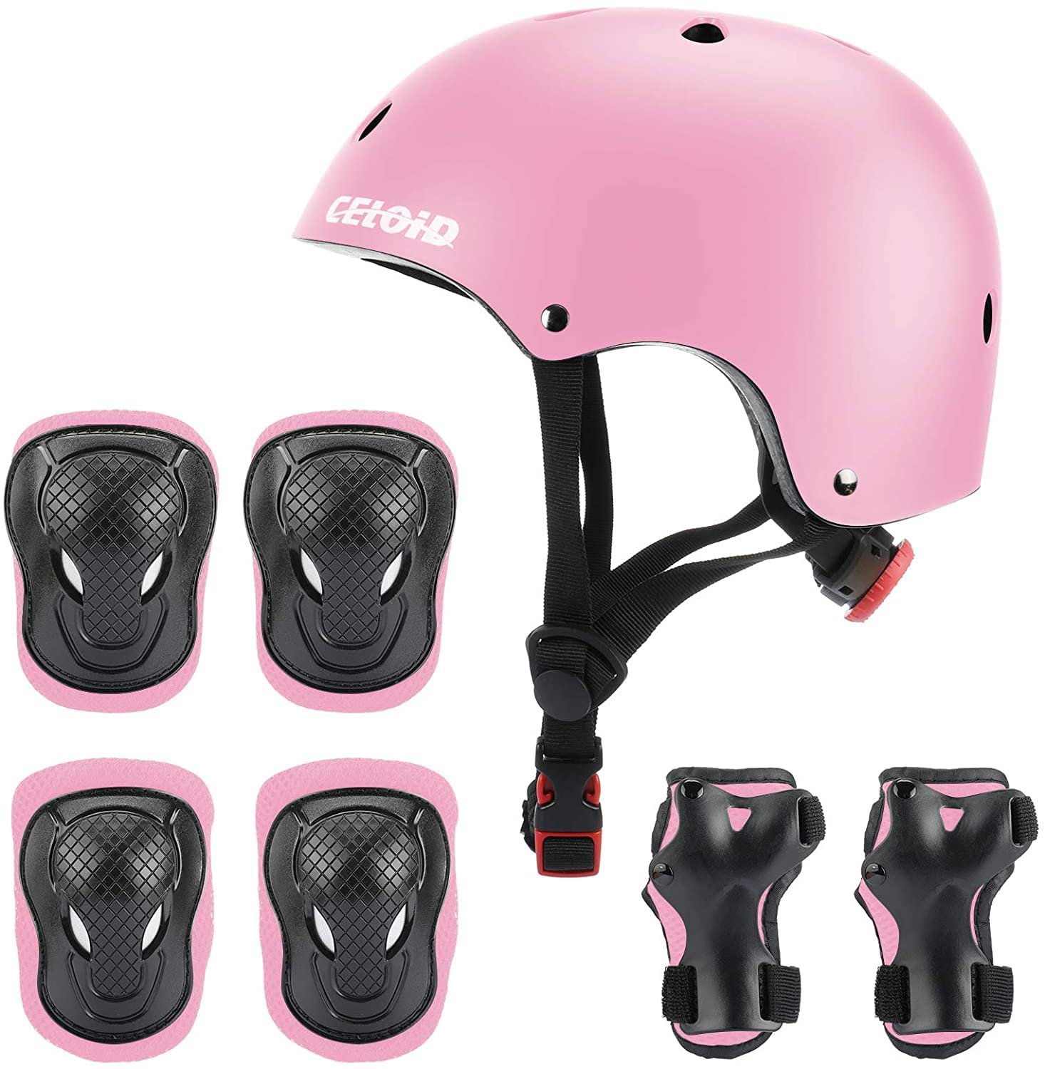 CELOID Kids Helmet Pad Set,Adjustable Kids Skateboard Bike Helmet Knee & Elbow Pads Wrist Guards 8-10-14 years Kids Protective Gear Set for Girls Boys Bicycle Roller Scooter Rollerblade Sport，Pink