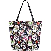 ZzWwR Chic Extra Large Shoulder Grocery Tote Bag, Chic Day of The Dead Sugar Skull Canvas Reusable Handle Bags for Men Women Gym Weekender Picnic Beach Travel Home Storage Market Shopping