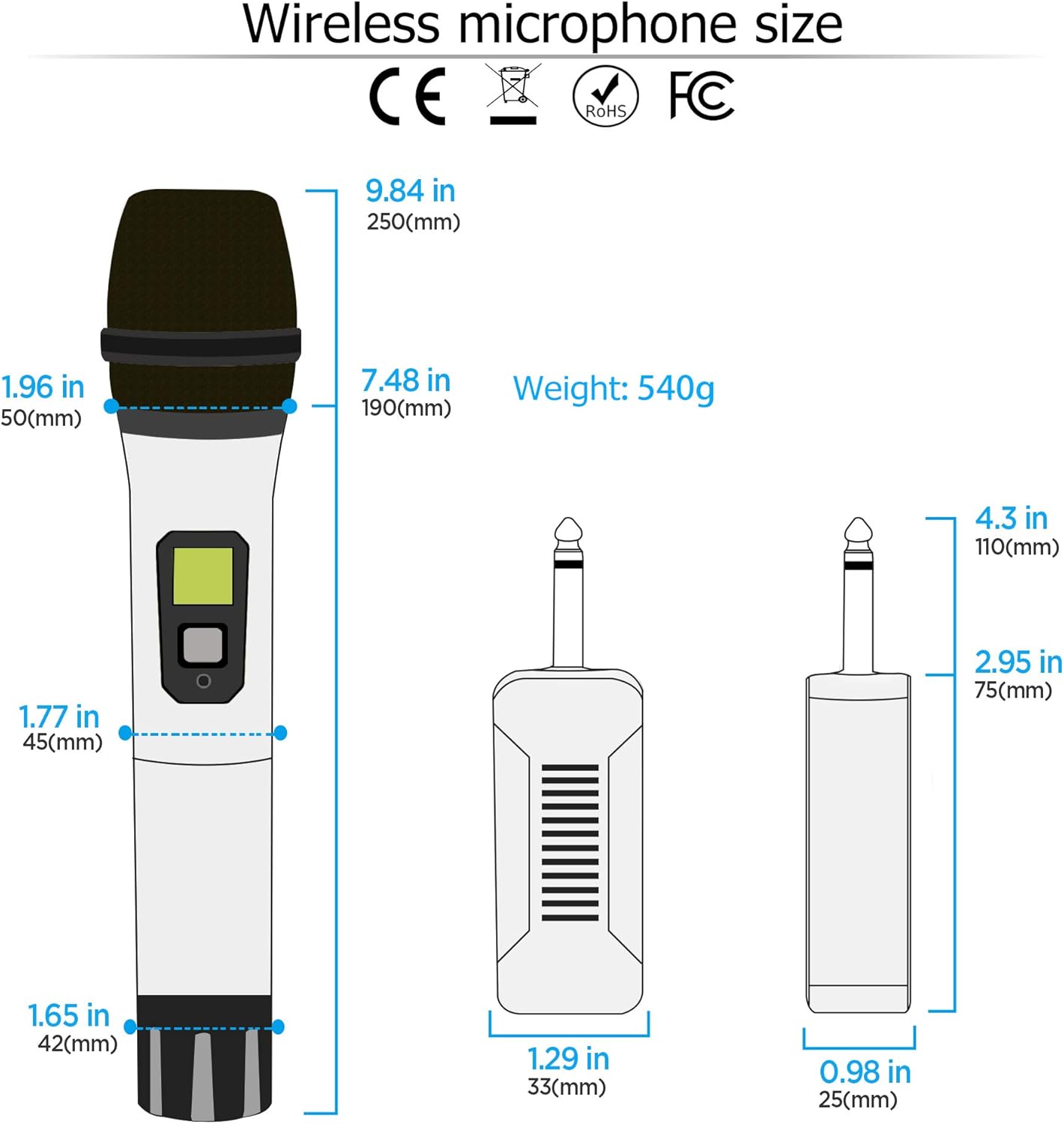 Wireless Microphone, UHF Metal Dynamic Handheld Karaoke Mic, Rechargeable Receiver (Work 6hs), 160ft Range, for Karaoke Machine, Singing, Stage, Speaker, Amplifier, Mixer, iPhone, Camera, Laptop: Electronics