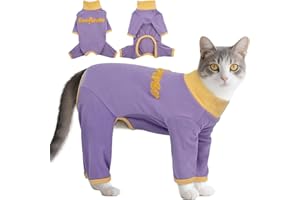 T'CHAQUE Sticky Hair Cat Onesie Pajamas, Soft Long Sleeve Cat Clothes, Anti-Shedding, Surgery Recovery Suit, Wound Protection & Preventing Licking, Kitten Sweaters for Male & Female, Purple-L