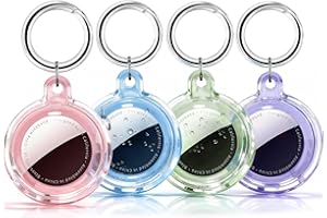 Galafoki Waterproof 4 Pack Compatible with Apple AirTags Holder, Clear Air Tags-4 Pack Air Tags Case with AirTags Keychain for Kids Dog, Pet,Car Keys, Luggage-Purle+Pink+Blue+Purple+Black+White