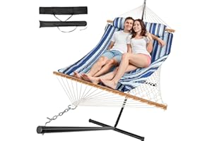 Everyfun 2 Person Outdoor Hammock with Stand, Cotton Rope Hammock with Polyester Pad, Adjustable Steel Frame, Portable with Carrying Bag – for Patio, Backyard, Garden, Beach, Blue