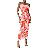 PRETTYGARDEN Women's Summer Wedding Guest Dress Strapless Tube Top Maxi Bodycon Long Floral Mesh Beach Vacation Party Dresses