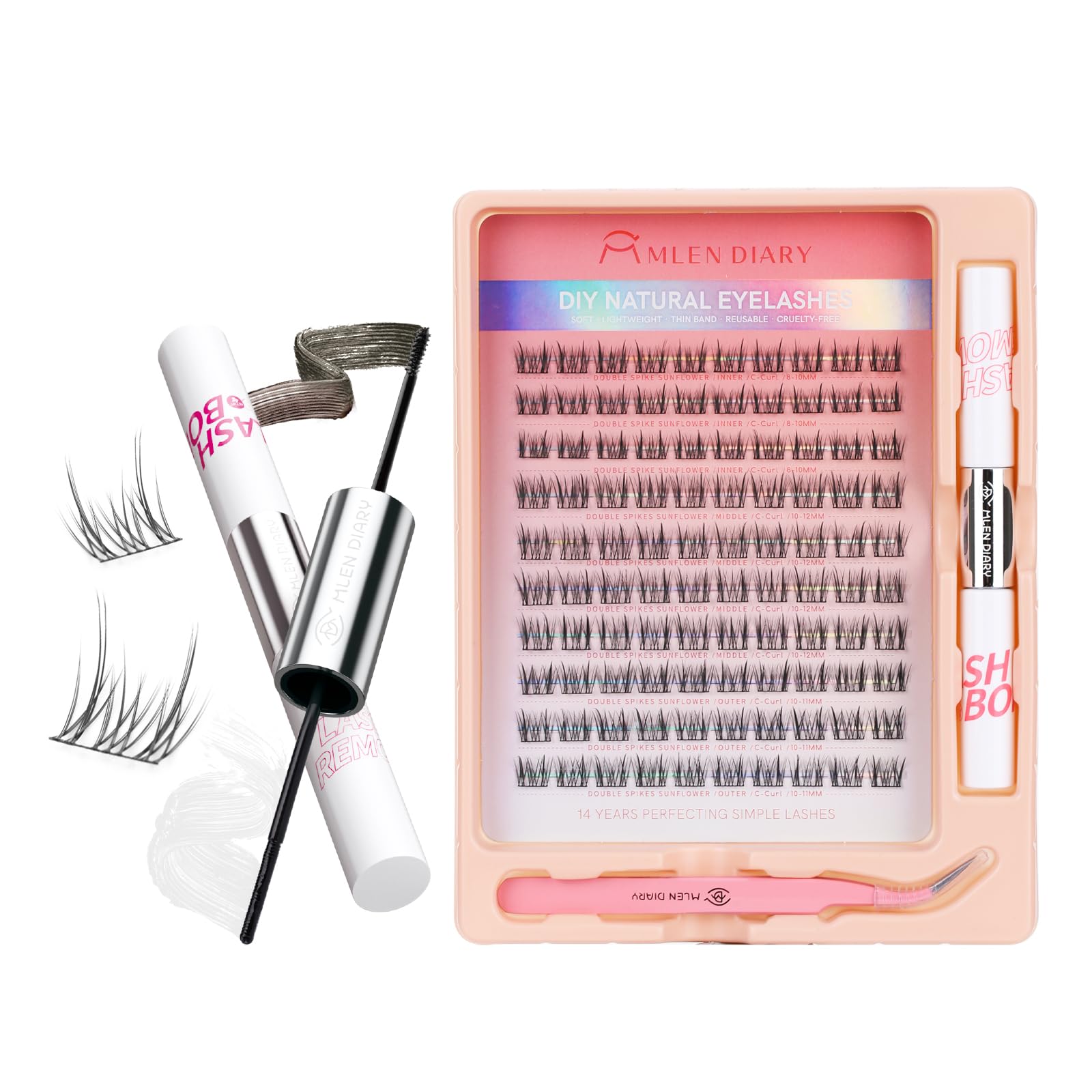 Mlen Diary Lashes Clusters, 100pcs 8-12mm False Lashes With Lash Bond and Seal Remover, Tweezers, Individual D Curl Manga Cluster Lashes, Natural Look DIY Eyelash Extension Kit