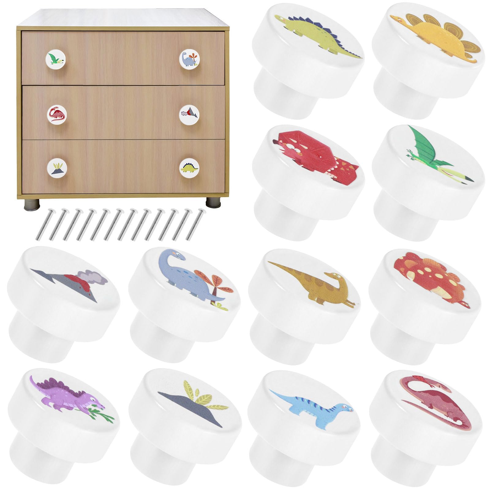 12Pcs Wooden Cabinet Knobs with Screws, 35mm Round Cute Dinosaur Pattern Kids Drawer Knobs, Decorative White Wood Furniture Pull Handle for Nursery Children's Room Cabinet Closet(12pcs (Dinosaur))