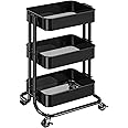 Pipishell 3 Tier Metal Rolling Utility Cart, Heavy-Duty Storage Rolling Cart with 2 Lockable Wheels, Multifunctional Mesh Organization Utility Cart for Kitchen Dining Room Living Room (Black)
