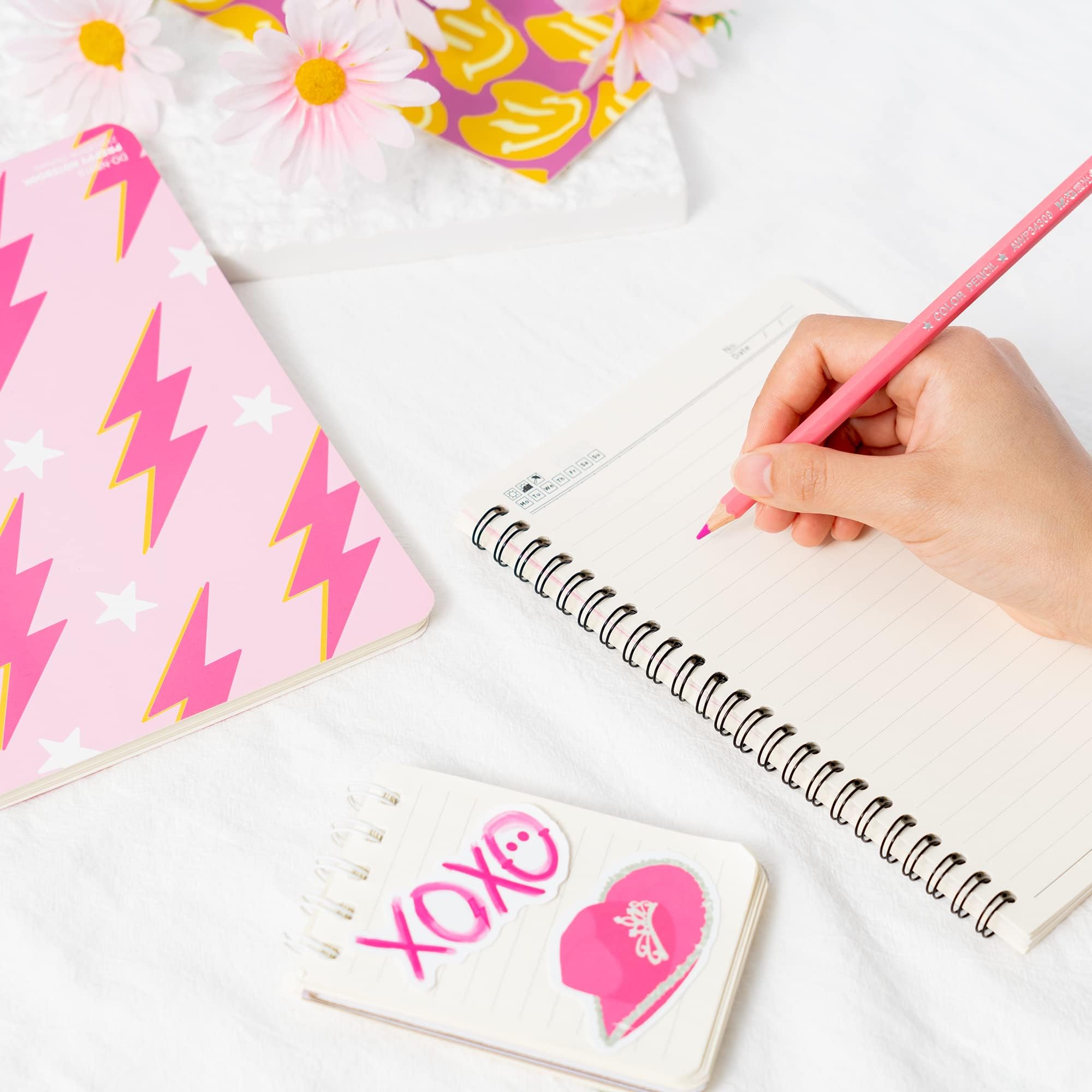 L1rabe 2 A5 Preppy Spiral Notebooks for Teens Girls Christmas Gifts Y2K Hardbound Journal for College Student Happy Smile Hardcover Notebooks, Birthday Gifts Pink Notepad Diary for Students Kids Girls