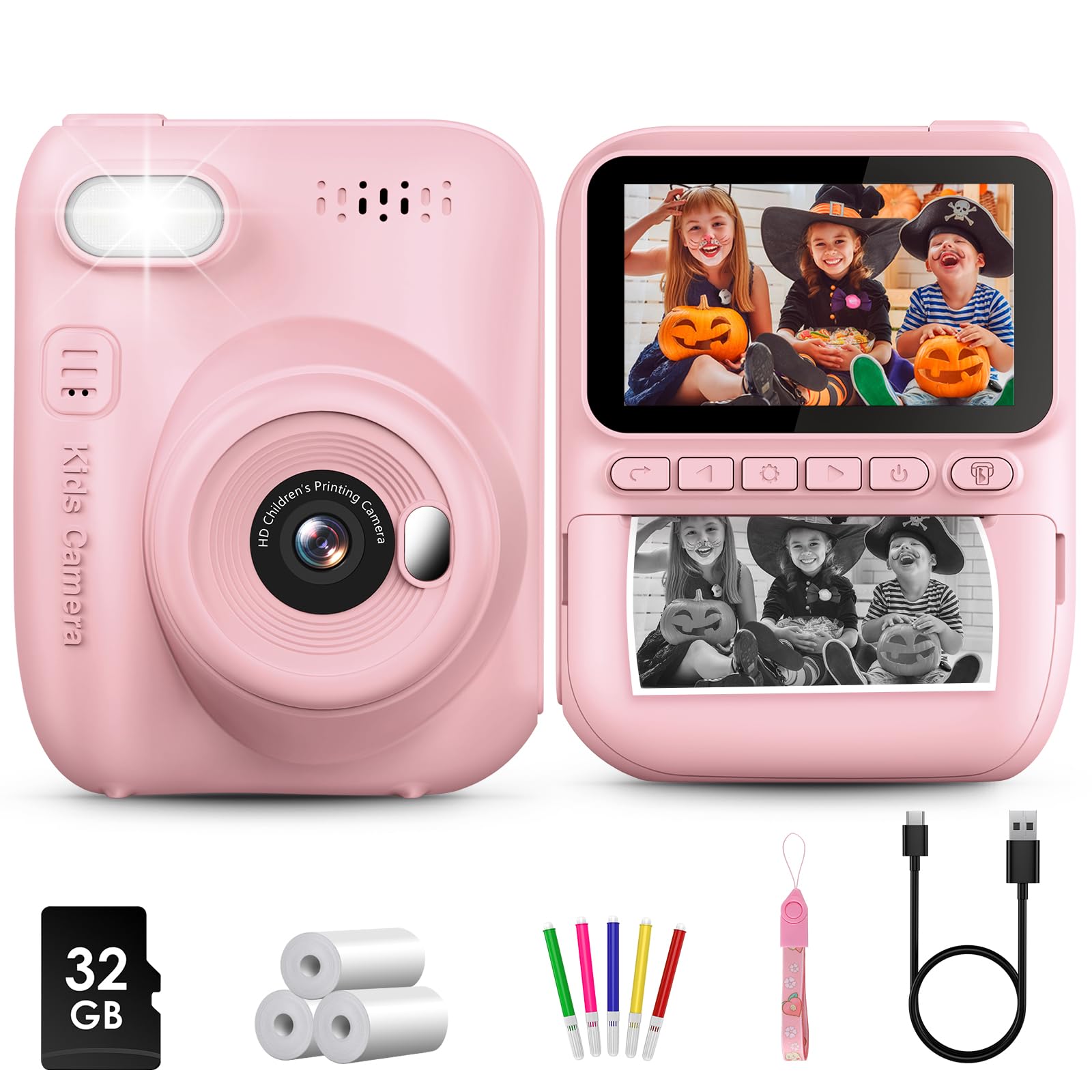 Photo 1 of Kids Instant Print Camera, 3.0-inch HD Screen 32MP Photo Instant Digital Camera Christmas Birthday Gifts Toys for Children Girls Boys Age 3-12 - Pink