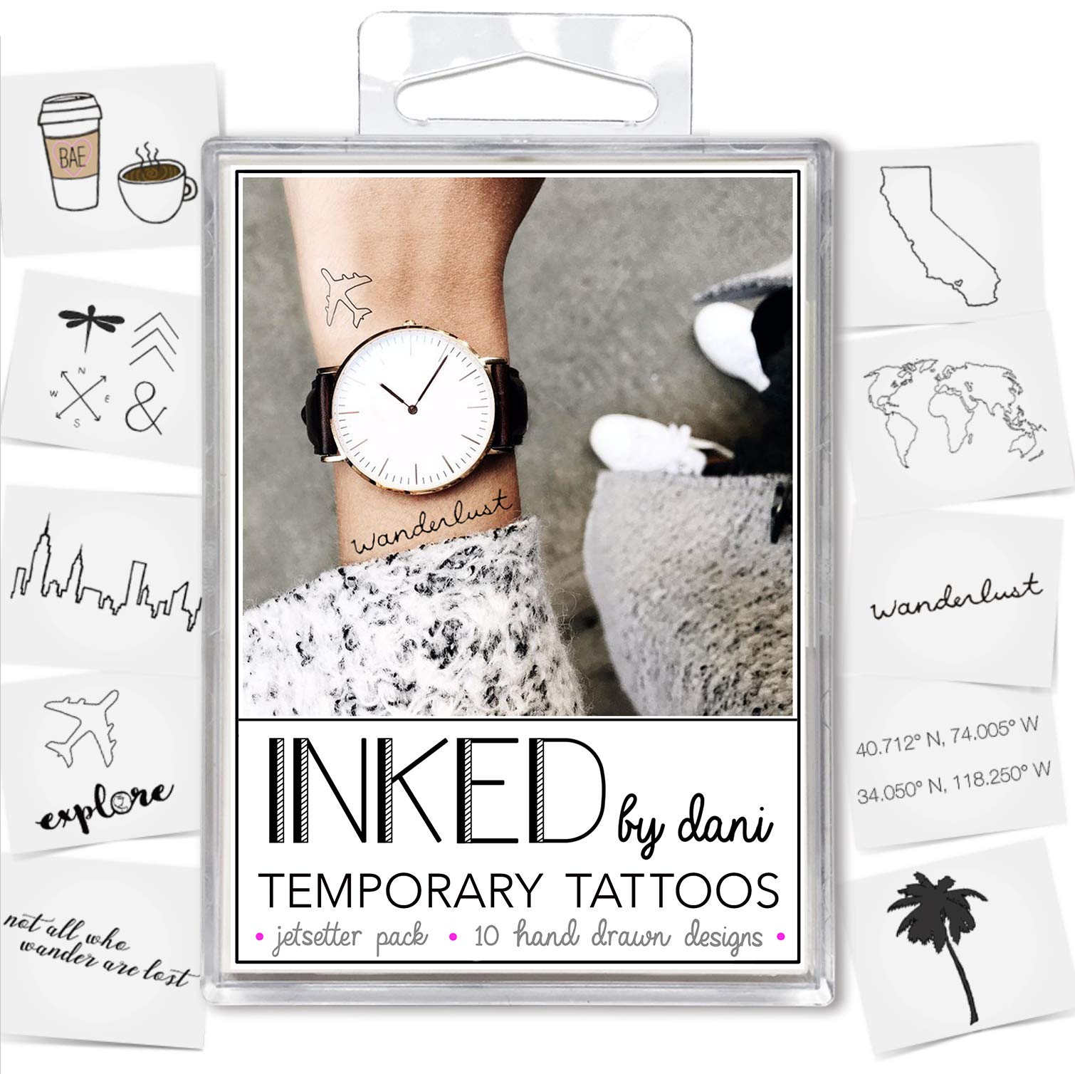 INKED by Dani Temporary Tattoo Designs – Jet Setter Pack. Realistic, Hand-Drawn Body ArtArt