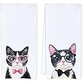 Qnhij Coquette Black and White Cat Kitchen Towels, Tuxedo Cat Gifts Dish Tea Towels for Kitchen Decor, Cats Lover Mom Lady Gifts Decorative Hand Towels for Bathroom, 16x24 Inch Set of 2
