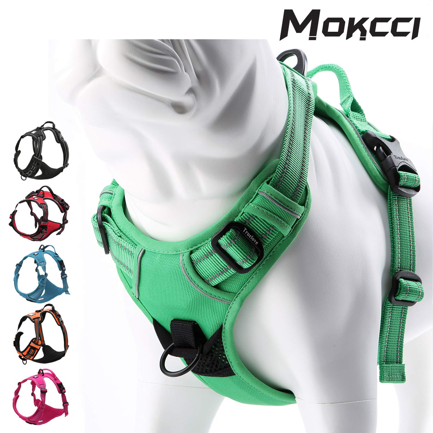 MOKCCI Truelove Soft Front Dog Harness .Best Reflective No Pull Harness with Handle and 2 Leash Attachments