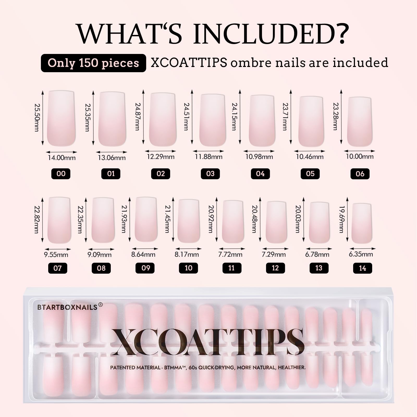 BTArtboxnails XCOATTIPS Ombre Nails - Square Press on Nails Long, 150Pcs Nail Tips Pink White Gradient Soft Gel False Nail Tips Soak Off Fake Nails Extensions DIY 15 Sizes - Image 6