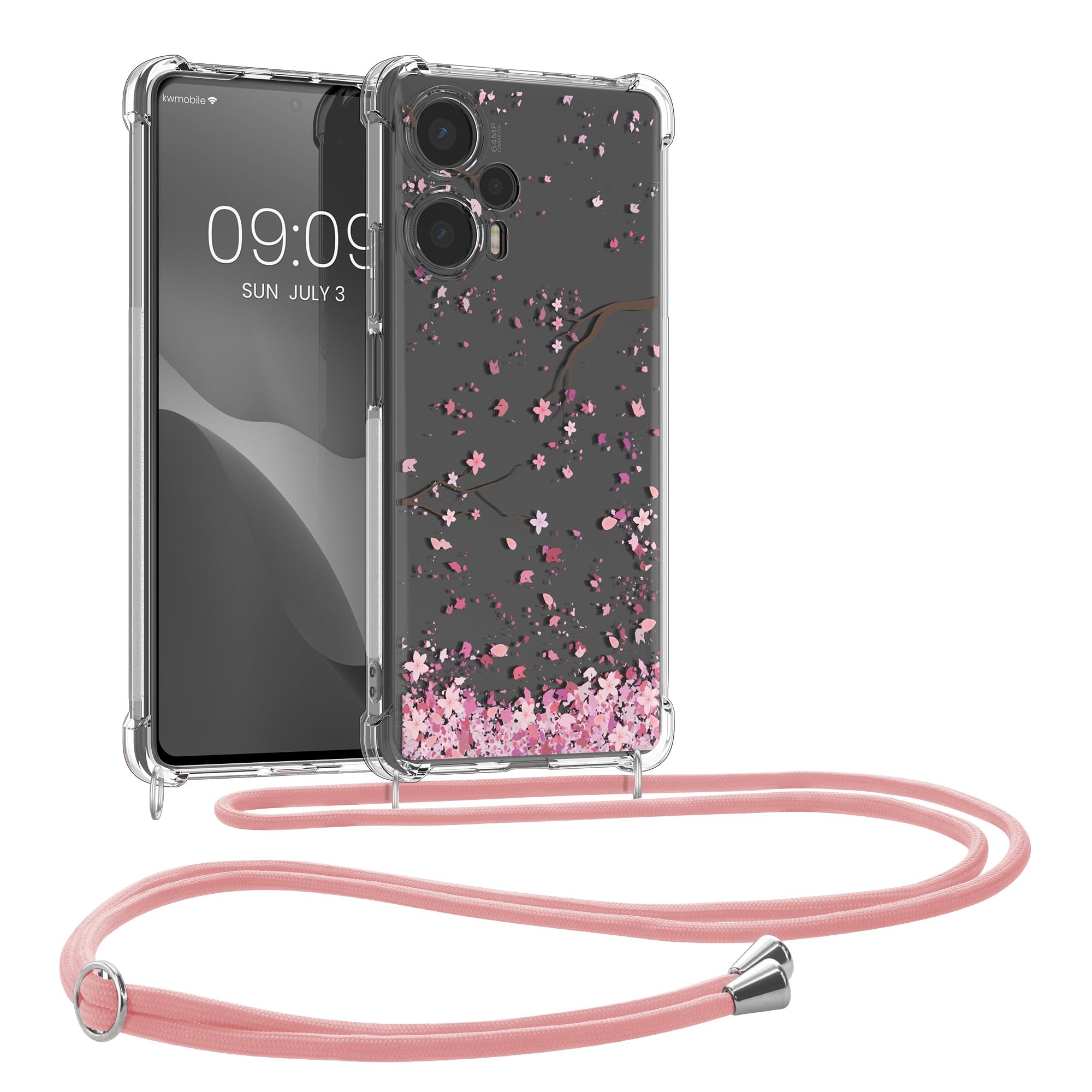 kwmobile Crossbody Case Compatible with Xiaomi Poco F5 5G Case Strap - Cherry Blossoms Pink/Dark Brown/Transparent