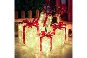COVFEVER Christmas Lighted Gift Boxes, Pre-lit Lights Gift Boxes Set of 4, Light up Present Boxes Set Battery Operated with Different Sizes for Holiday Indoor Outdoor Decorations(Warm White)