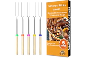 HOOPLE Smores Sticks for Fire Pit – Marshmallow Roasting Sticks & Hot Dog Roasting Sticks, Extendable Stainless Steel Smore Skewers for Campfire Cooking and Camping Essentials, 32 Inch (5-Pack)