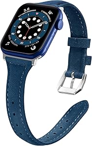 Liwin Leather Band Compatible with Apple Watch SE Series 6 Band 44mm 42mm 40mm 38mm, Genuine Slim Leather Replacement Wristbands Bracelet Classic Strap for iWatch SE 6/5/4/3/2/1(Blue, 42/44mm)