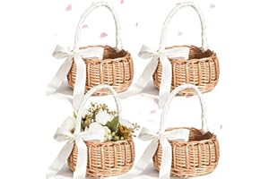 Thyle 4 Pcs Flower Girl Baskets with Handle, 7.87 x 4.33 Inch, Wicker Rattan, Lightweight, Brown (White Ribbon,Bow)