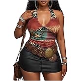 WDIRARA Women's Plus Size Leopard Mesh Halter Top Western Country Ruched Tie Backless Tank Tops