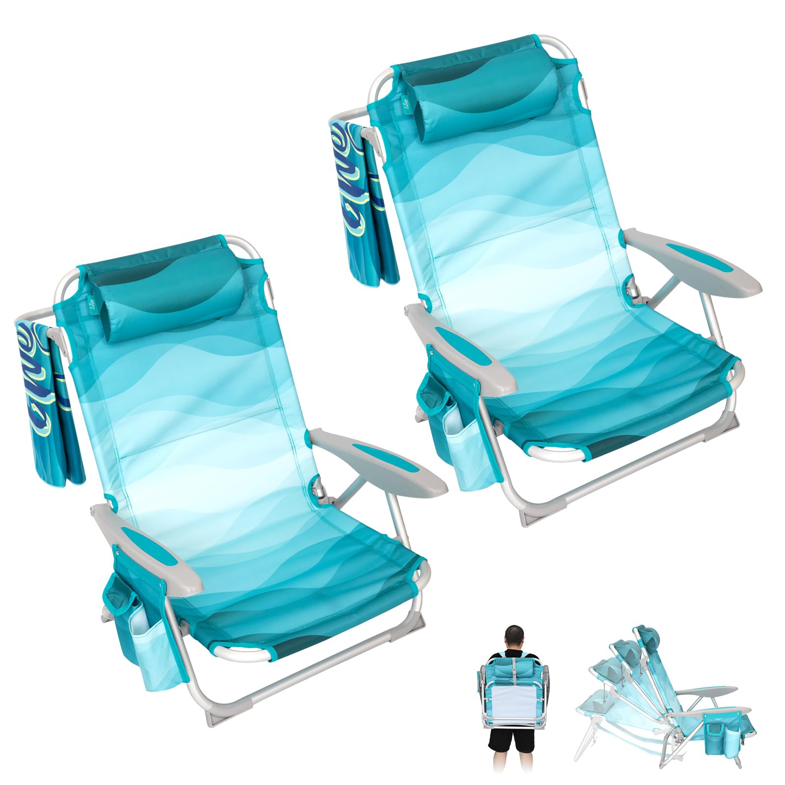 Photo 1 of #WEJOY Lightweight Low 2 Pack Beach Chair for Adults, 4-Position Aluminum Folding Camping Chairs with Backpack Strap, Cup Holder and Padded Headrest, Supports 265lbs for Lawn OutdoorCyan Pattern