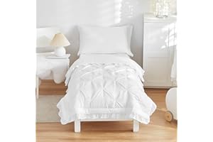 FLYSHEEP 4 Pieces Pinch Pleated Toddler Bedding Set with Ruffle Fringe, Solid Color White Unisex Pintuck Toddler Sheet Sets for Baby Boys and Girls, Includes Comforter, Flat Sheet, Fitted Sheet and Pillowcase