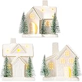 WDS WONDROUS Ceramic Christmas Village House Set Decor- Set of 3 Light Up Christmas Houses, White Lighted House Figurines with Green Pine Trees, Tabletop Xmas Decor for Home Farmhouse, Winter Holiday