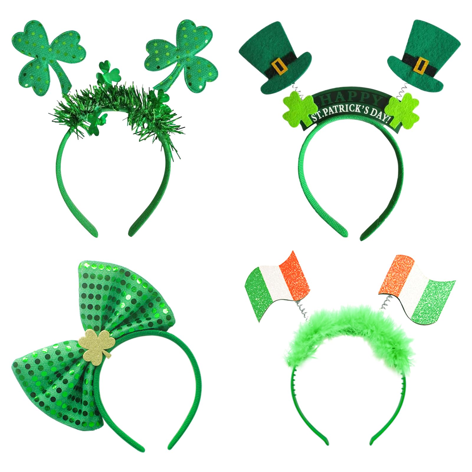 Wentsent St Patrick's Day Headbands, 4PCS St Patricks Clover Hair Hoops Furry Shamrock Headband Green Irish Accessories for Kids Women Men Leprechaun Party Decoration Supplies