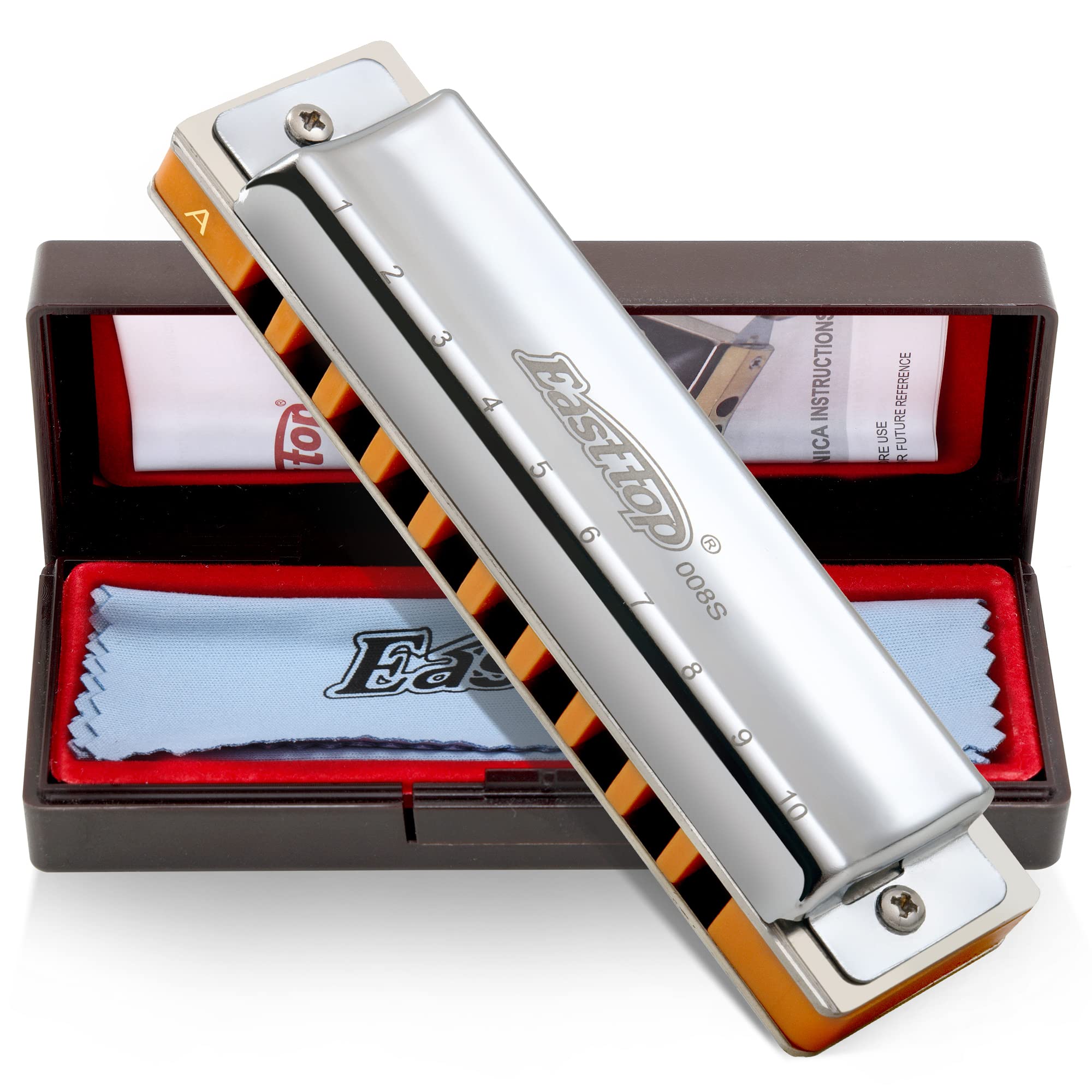 East top 10 Holes Professional Diatonic Blues Harmonica Key of A with Silver Cover, Probgrade Harmonicas For Adults, Professional Player and Students
