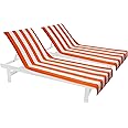 COTTON CRAFT Pool Lounge Chair Cover - 2 Pack - Chaise Beach Picnic Spa Towel - Cabana Stripe - Soft Premium Ringspun Terry Cotton - Oversized - 32 inch wide x 82 inch long with 7 inch Pocket – Orange