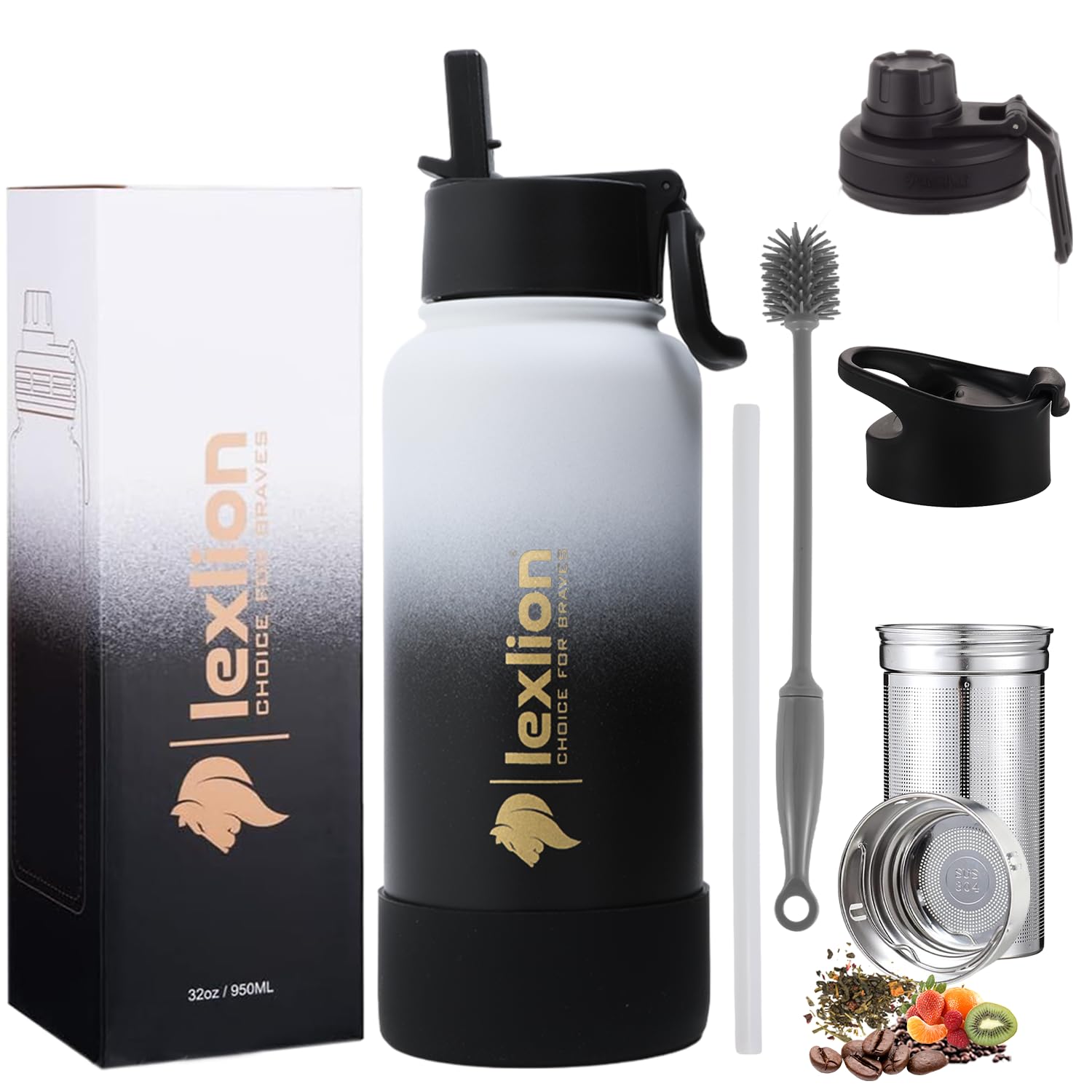 Photo 1 of Lexlion Tea Infuser Bottle - Fruit Infuser Water Bottle 32 Oz, Triple Walled Insulated Stainless Steel Bottle, Thermal Leaf Infuser, Silicone Sleeve, 3 Lids Leakproof, Metal Mug Gallon