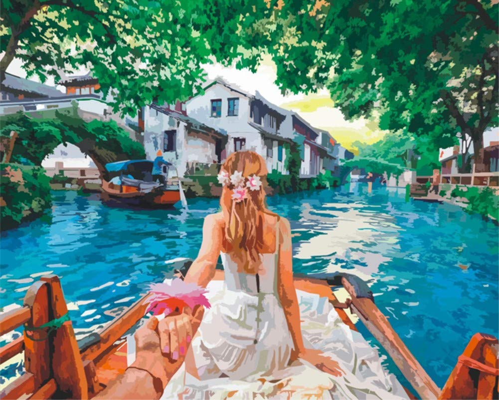 ABEUTY DIY Paint by Numbers for Adults Children, Countryside and Lovers on Boat 16x20 inches Number Painting Art Therapy