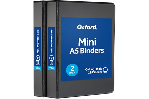 Oxford Mini View Binders, 1" Round Rings, Small Binders for School or Office, Holds A5 Size Paper, 2 Clear Pockets, PVC-Free,