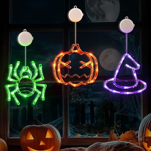 LOLStar Halloween Window Decorations 3 Pack Orange Pumpkin Green Spider Purple Witch Hat Battery Operated Window Lights with Suction Cup Slow Fade Timer Function Halloween Indoor Lights for Windows