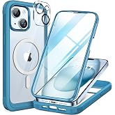 Miracase Glass Series for iPhone 15 Case [Compatible with MagSafe] Full-Body Magnetic Bumper Case with Built-in 9H Tempered Glass Anti-Fingerprint Screen Protector + Camera Lens Protector, Sea Blue