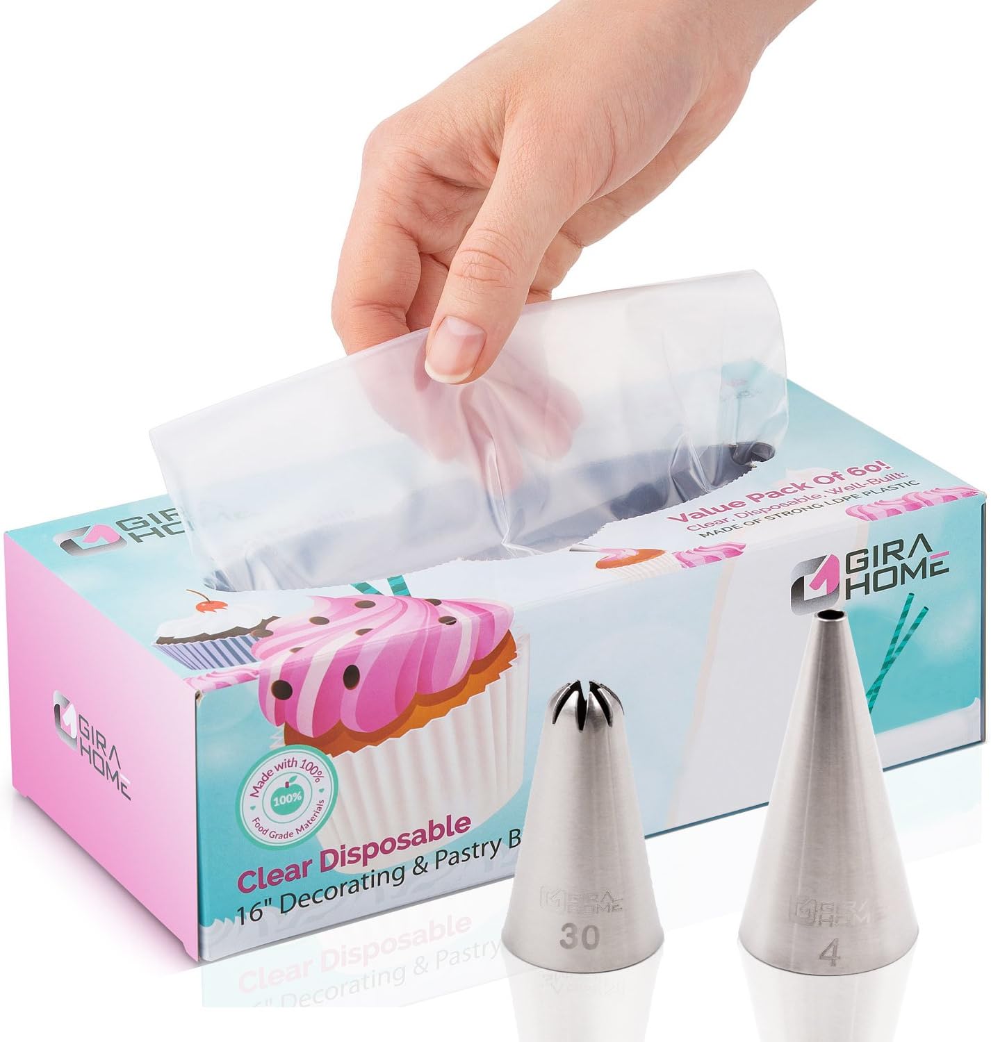Gira Home Premium Thick & Clear 16-inch Pastry Bags, Disposable Piping Bags, 60 Pieces Frosting and Icing Decorating Bags for all Tips Sizes, In a Hassle-Free Dispenser Box + 2 Most Useful Tips