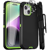 GYJ for iPhone 15 Plus Case and iPhone 14 Plus Case 6.7" Belt Clip Holster with 2 Screen Protector + 2 Camera Lens Protector, Heavy Duty Military Grade Phone Case Cover (Black Green+Clip)