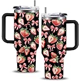 WWHSAI Strawberry 40 oz Tumbler with Handle and Straw - Double Wall Vacuum Insulated Coffee Cup Keeps Drinks Cold & Hot - Strawberries Festival Birthday Gifts for Strawberry Lovers Girls Women Sister