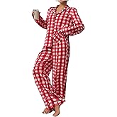 MakeMeChic Women's 2 Piece Pajama Sets Gingham Bow Knot Long Sleeve Button Down Shirt and Pants Set