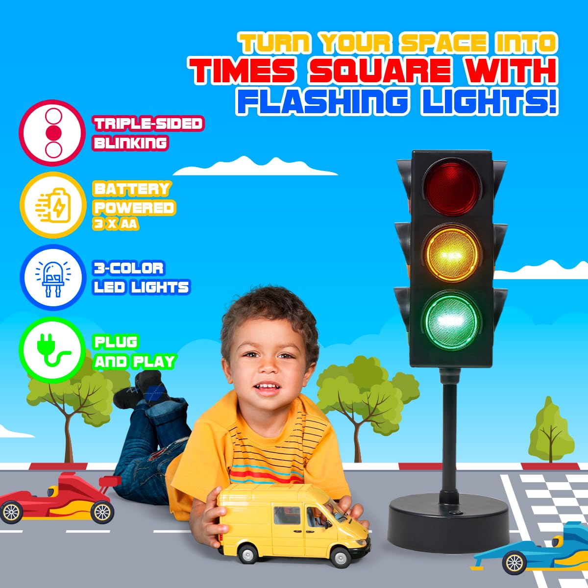 Playbees Mini Traffic Light Lamp with Base 11 inches Vibrant Decoration Working with Batteries or USB-C Traffic Light Blinking Modes Decoration for Bedrooms Stop Sign Room Decor