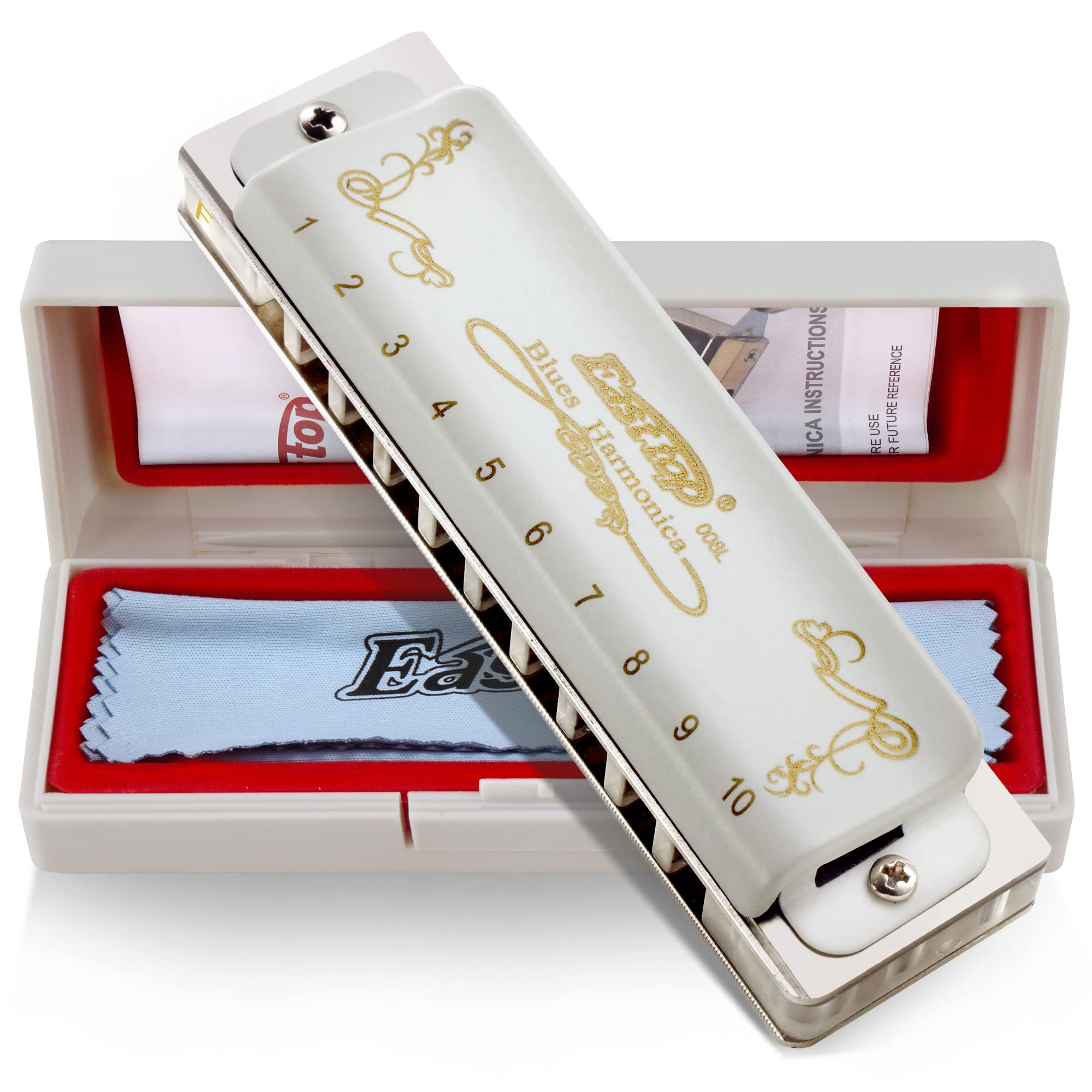 East top Blues Harmonica Key of F 10 Holes Diatonic Mouth Organ with White Cover, T008L Harmonica for Adults, Professional Player and Students
