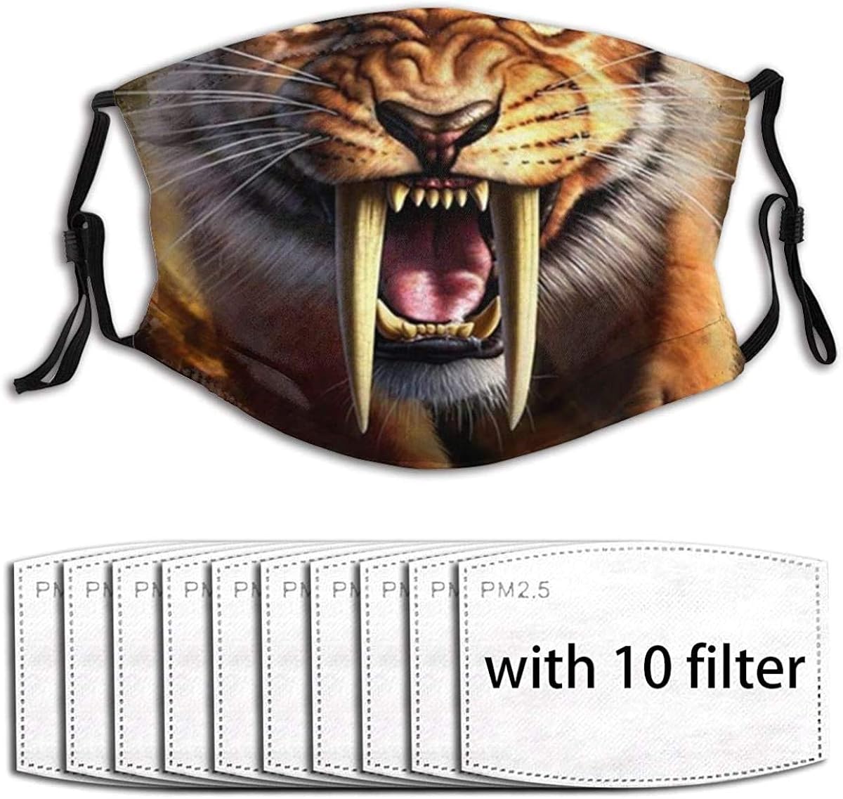 Black Face Mask Reusable Roaring SaberToothed Tiger
