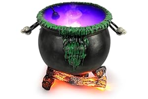 QEQEKAKA Cauldron Halloween Decor 8" Witch Plastic Cauldron with 12 LED Mist Maker & Splash Guard & Glowing Charcoal Base, Perfect for Halloween Party Decoration Witch Cauldron Decor Haunted House Props