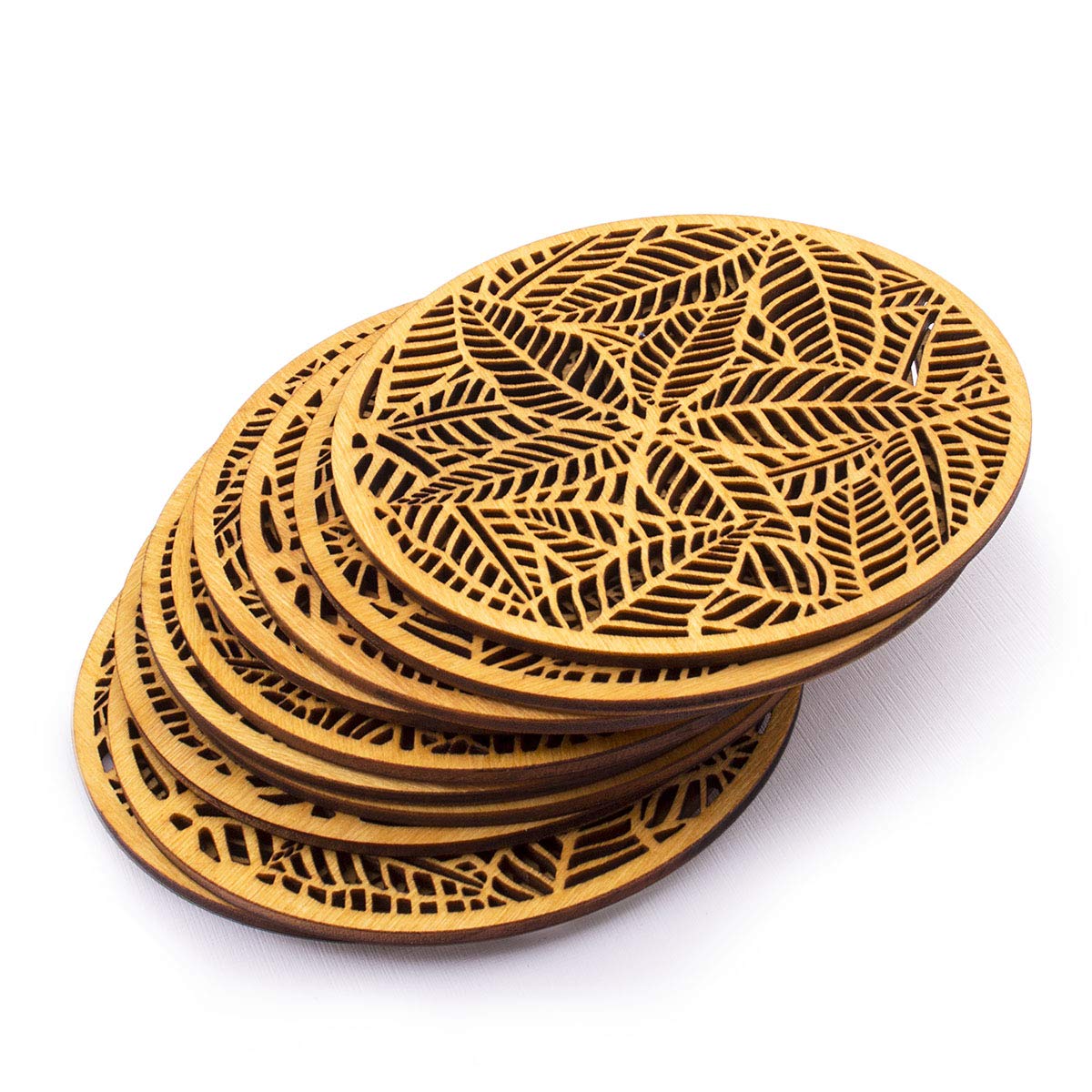 Summer-Ray Set of 6 Lasercut Round Palmate Leaf Wooden Coasters with Holder Wedding Favours House Warming Gift