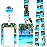 ID Badge Holder with Retractable Lanyard, Badge Holders Reel with 360 Degrees Rotate Carabiner Clip for Women, Teachers, Nurses, Doctor,Students, Office(Tropical Beach Palm Tree)