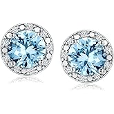 DAYBYDAY Birthstone Earrings for Women 925 Sterling Silver Halo Stud Earrings, Small Round/Cushion/Heart Gemstone Earrings Birthstone Jewelry