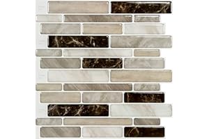 LONGKING Self-Adhesive Kitchen Backsplash, Marble Look Decorative Tiles (10 Tiles) (Light Brown)