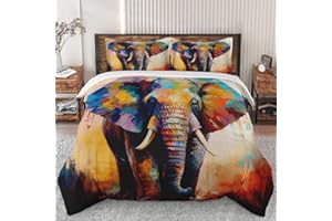 WeCozy Duvet Cover Set Queen Size, Painting Colorful Elephant Bedding Set with Zipper Closure for Kids and Adults, Wildlife Animal Duvet Cover with 2 Pillowcases for Bedroom Bed Decor