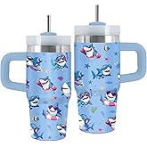 Uibunoo Sharks Lover Gifts, 14 Oz Shark Tumbler with Handle & Straw, Shark Stuff, Thanksgiving Christmas Birthday Gifts for Daughter, Animal Insulated Tumbler for Son, Sharks Cups with Lids, 1 PCS